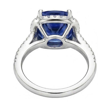 Anniversary Halo Ring Cushion Blue Sapphire Accented Natural Earth Mined Diamonds 4 Carats