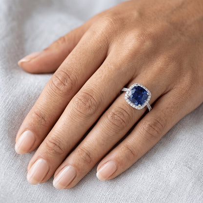 Anniversary Halo Ring Cushion Blue Sapphire Accented Natural Earth Mined Diamonds 4 Carats