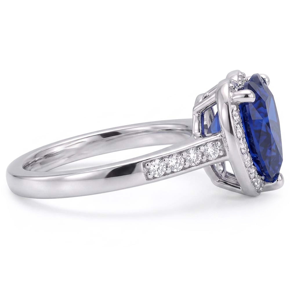 Anniversary Halo Ring Heart Deep Blue Sapphire 3.50 Carats Natural Earth Mined Diamonds