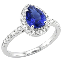 Anniversary Halo Ring Pear Blue Sapphire & Natural Earth Mined Diamonds 3.25 Carats