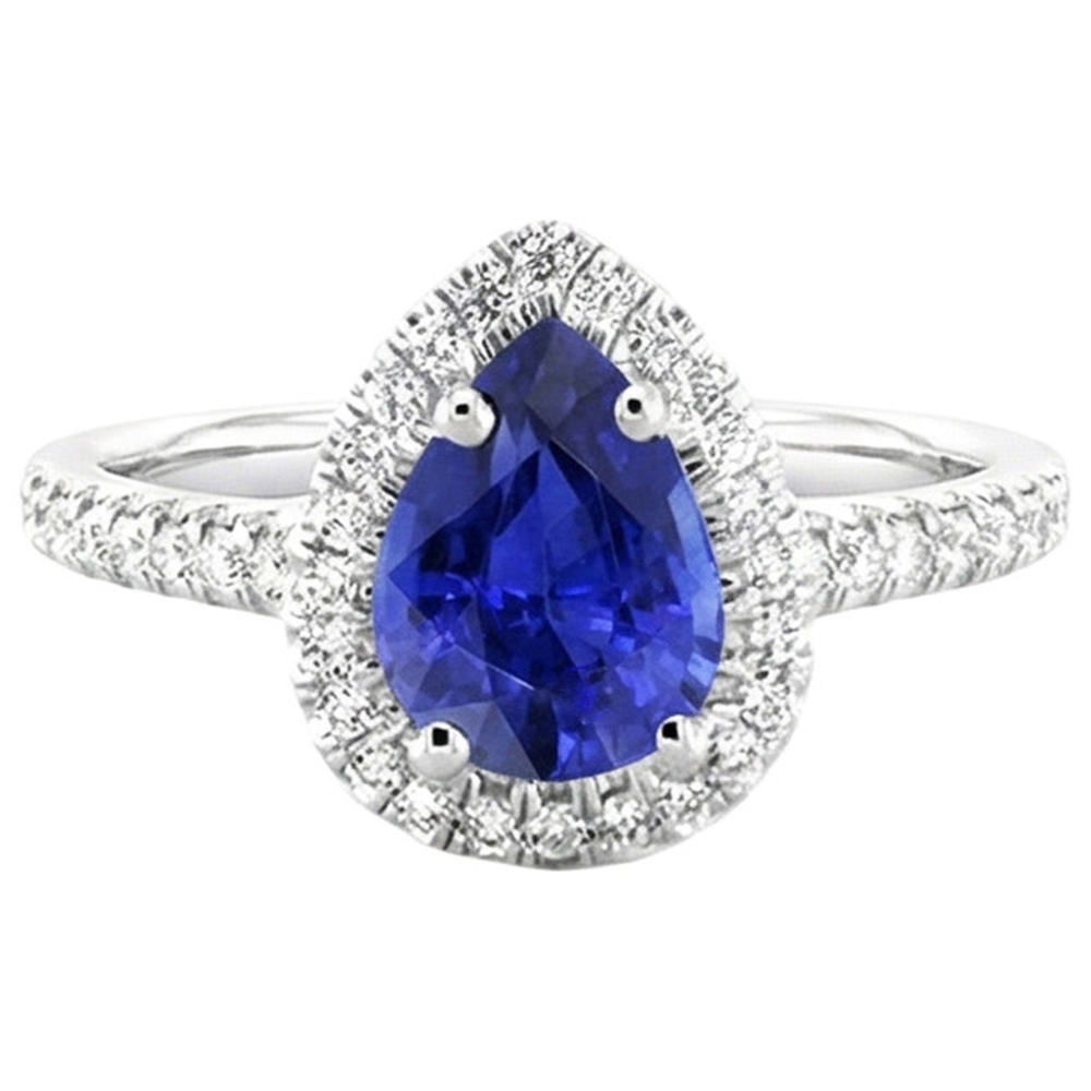Anniversary Halo Ring Pear Blue Sapphire & Natural Earth Mined Diamonds 3.25 Carats