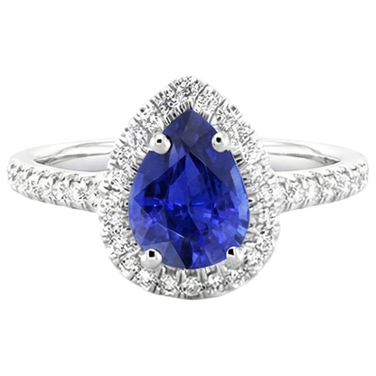 Anniversary Halo Ring Pear Blue Sapphire & Natural Earth Mined Diamonds 3.25 Carats