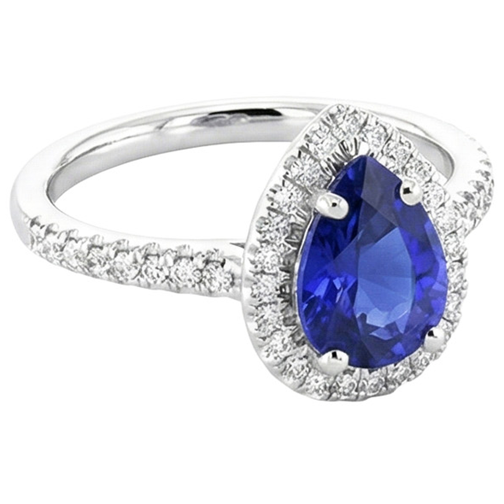 Anniversary Halo Ring Pear Blue Sapphire & Natural Earth Mined Diamonds 3.25 Carats