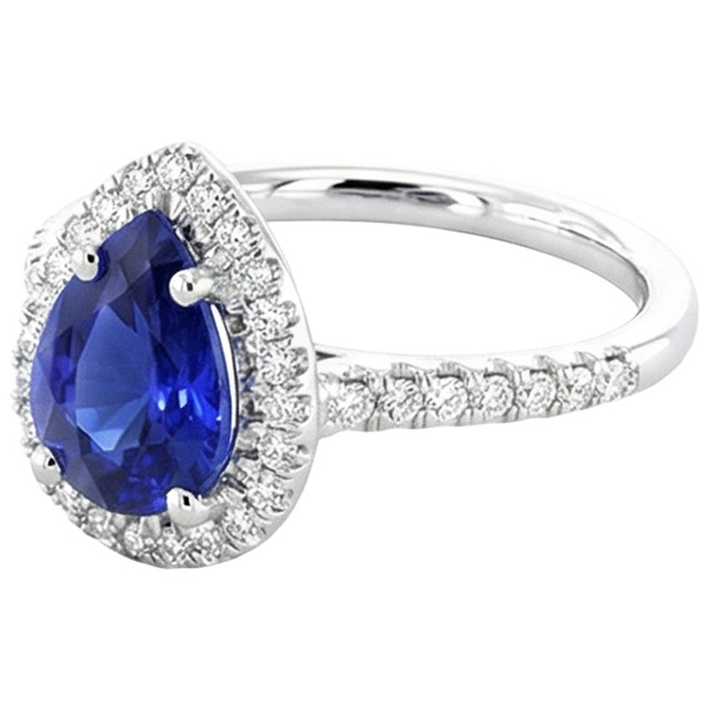 Anniversary Halo Ring Pear Blue Sapphire & Natural Earth Mined Diamonds 3.25 Carats