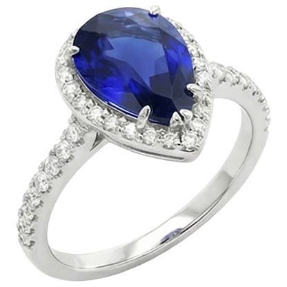 Anniversary Halo Ring Pear Cut Ceylon Sapphire & Natural Earth Mined Diamonds 4.50 Carats