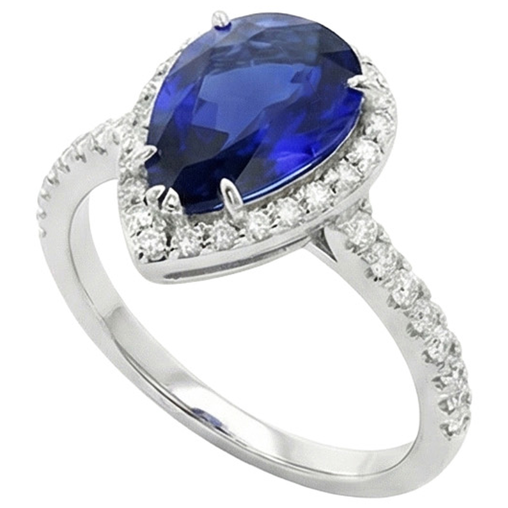 Anniversary Halo Ring Pear Cut Ceylon Sapphire & Natural Earth Mined Diamonds 4.50 Carats