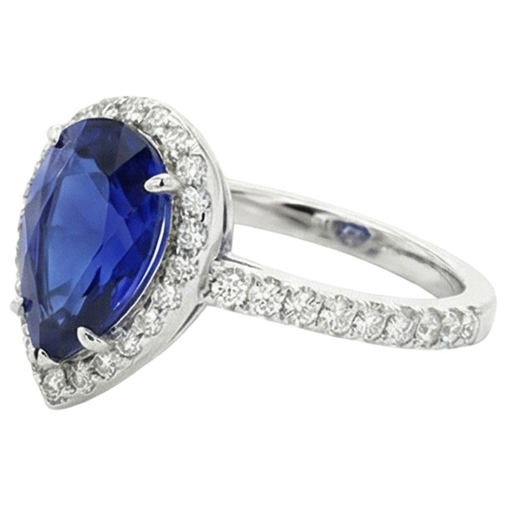 Anniversary Halo Ring Pear Cut Ceylon Sapphire & Natural Earth Mined Diamonds 4.50 Carats