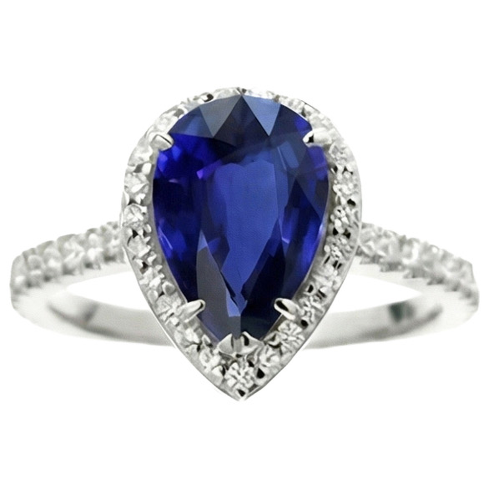 Anniversary Halo Ring Pear Cut Ceylon Sapphire & Natural Earth Mined Diamonds 4.50 Carats