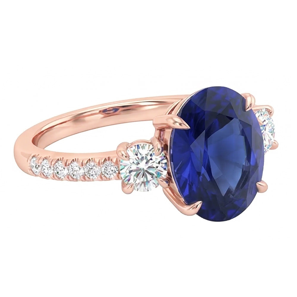Anniversary Oval Ceylon Sapphire Ring 3 Stone Style Natural Earth Mined Diamonds 5 Carats