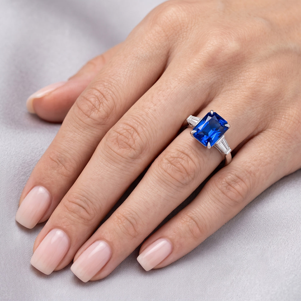 Anniversary Ring Baguette Natural Earth Mined Diamonds Radiant Sapphire 3 Stone 3 Carats