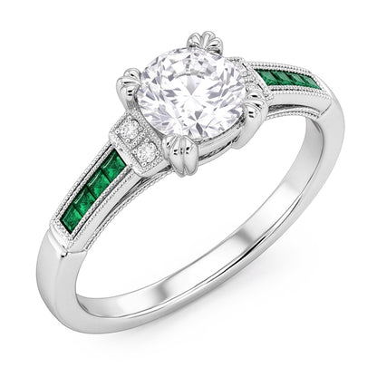Anniversary Ring Old Cut Round Natural Earth Mined Diamond & Emerald 1.75 Carats