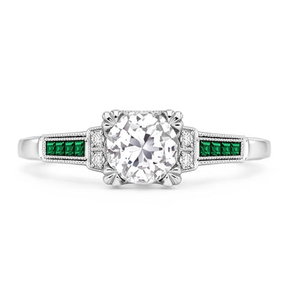 Anniversary Ring Old Cut Round Natural Earth Mined Diamond & Emerald 1.75 Carats