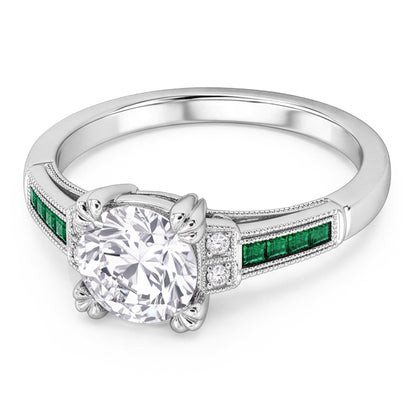 Anniversary Ring Old Cut Round Natural Earth Mined Diamond & Emerald 1.75 Carats