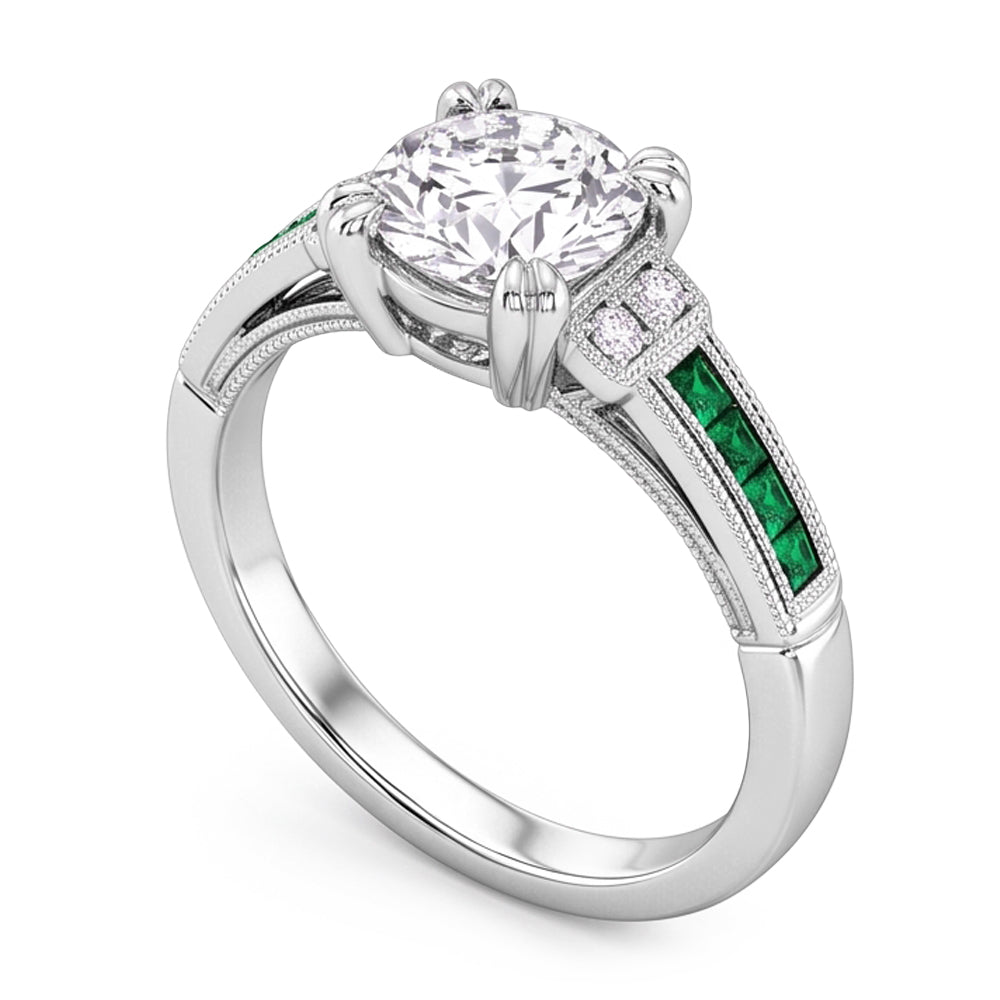 Anniversary Ring Old Cut Round Natural Earth Mined Diamond & Emerald 1.75 Carats