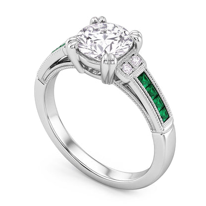 Anniversary Ring Old Cut Round Natural Earth Mined Diamond & Emerald 1.75 Carats