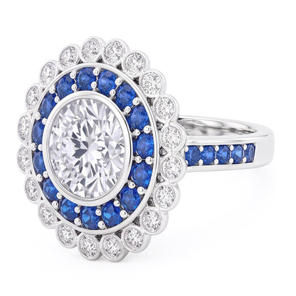 Anniversary Ring Round Natural Earth Mined Diamond & Blue Sapphire Baguettes 4 Carats