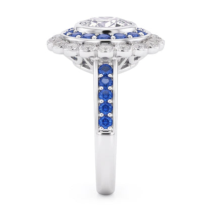 Anniversary Ring Round Natural Earth Mined Diamond & Blue Sapphire Baguettes 4 Carats