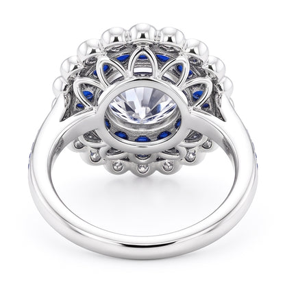 Anniversary Ring Round Natural Earth Mined Diamond & Blue Sapphire Baguettes 4 Carats