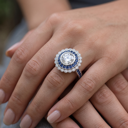Anniversary Ring Round Natural Earth Mined Diamond & Blue Sapphire Baguettes 4 Carats