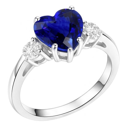 Anniversary Three Stone Heart Blue Sapphire & Natural Earth Mined Diamond Ring 2.75 Carats