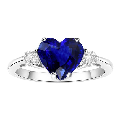 Anniversary Three Stone Heart Blue Sapphire & Natural Earth Mined Diamond Ring 2.75 Carats