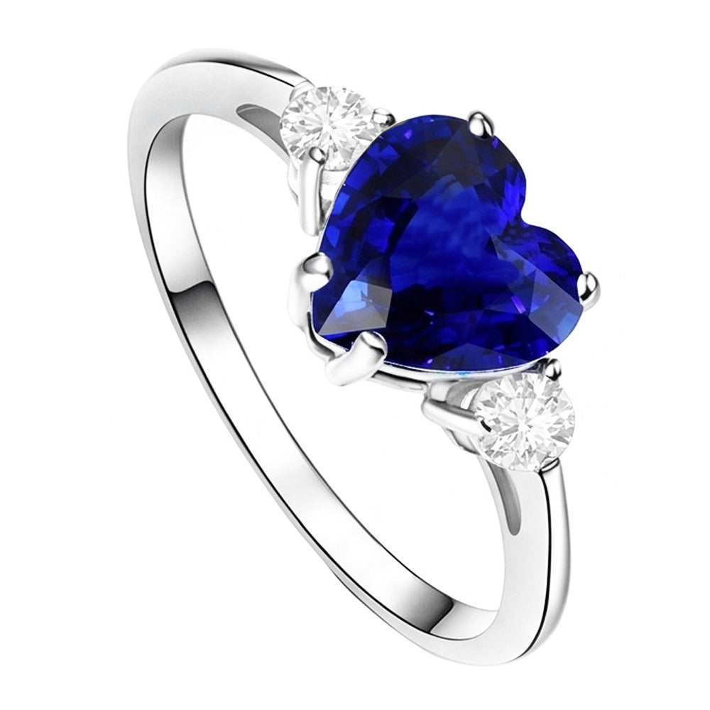 Anniversary Three Stone Heart Blue Sapphire & Natural Earth Mined Diamond Ring 2.75 Carats