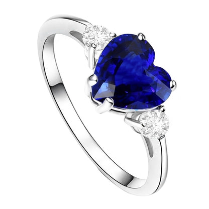 Anniversary Three Stone Heart Blue Sapphire & Natural Earth Mined Diamond Ring 2.75 Carats