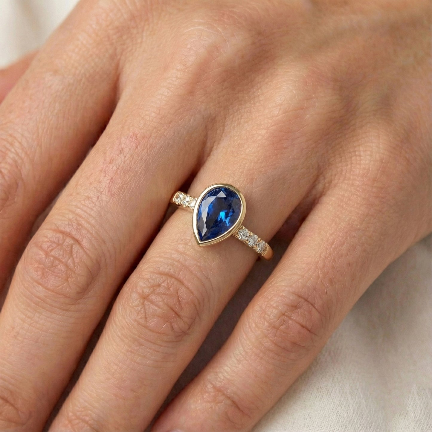 Natural Real ( Not Lab Grown )  Anniversary Ring Bezel Set Pear Blue Sapphire 2 Carats With Accents