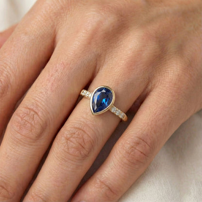 Natural Real ( Not Lab Grown )  Anniversary Ring Bezel Set Pear Blue Sapphire 2 Carats With Accents