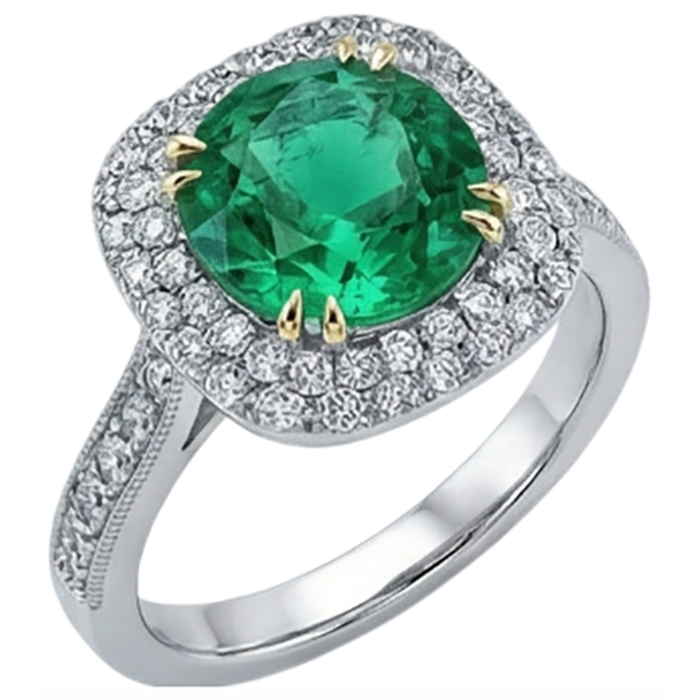 Natural Real ( Not Lab Grown ) Antique Look Green Emerald GIA And Diamond Ring Round Cut