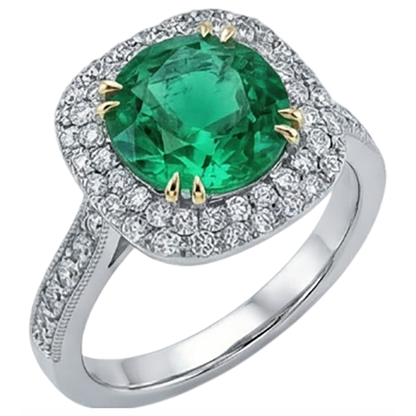 Natural Real ( Not Lab Grown ) Antique Look Green Emerald GIA And Diamond Ring Round Cut