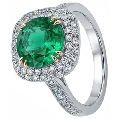 Natural Real ( Not Lab Grown ) Antique Look Green Emerald GIA And Diamond Ring Round Cut