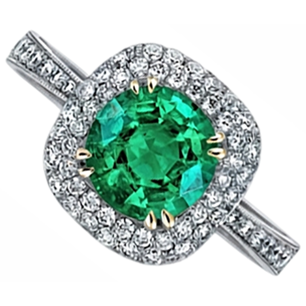Natural Real ( Not Lab Grown ) Antique Look Green Emerald GIA And Diamond Ring Round Cut