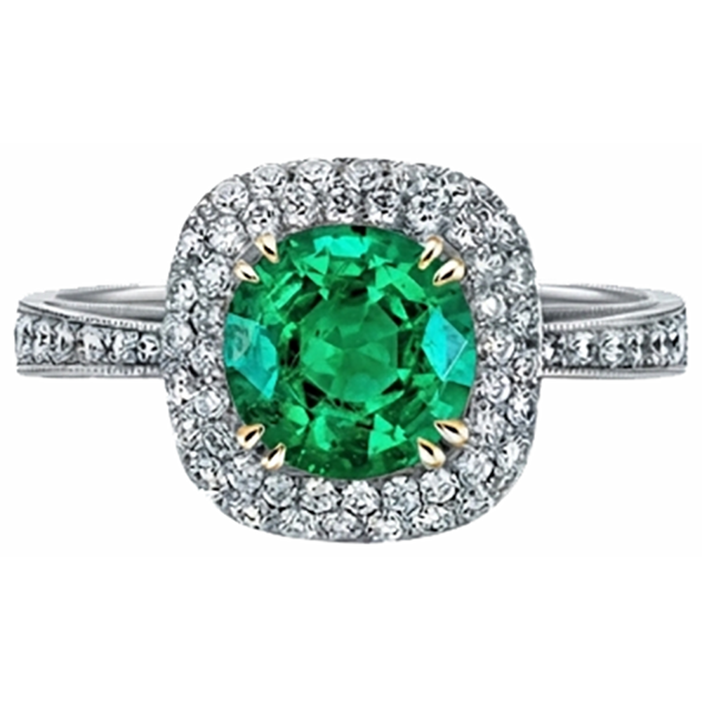 Natural Real ( Not Lab Grown ) Antique Look Green Emerald GIA And Diamond Ring Round Cut