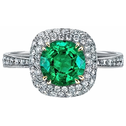 Natural Real ( Not Lab Grown ) Antique Look Green Emerald GIA And Diamond Ring Round Cut