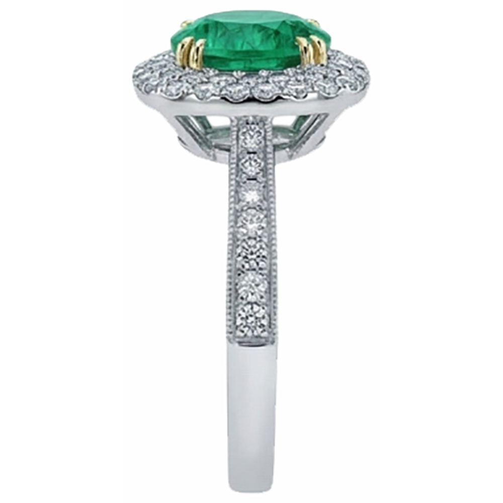 Natural Real ( Not Lab Grown ) Antique Look Green Emerald GIA And Diamond Ring Round Cut