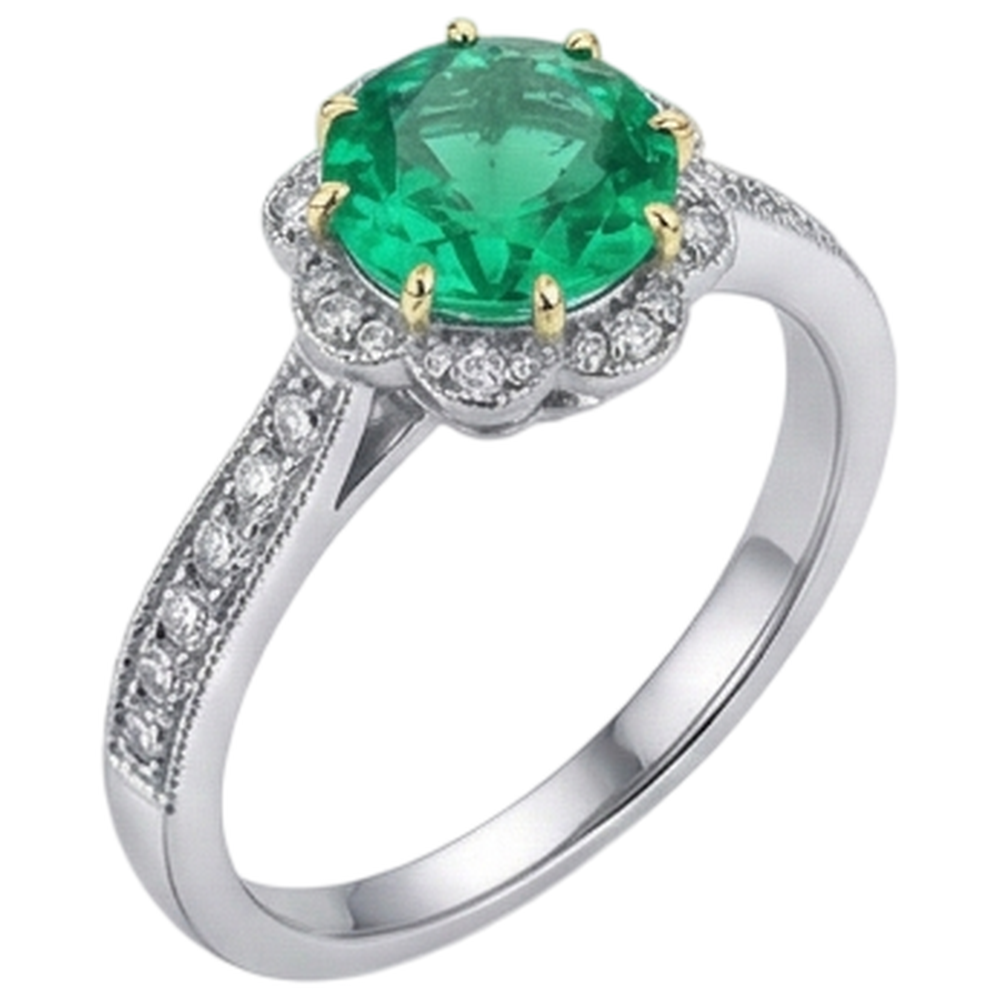 Natural Real ( Not Lab Grown ) Antique Look Green Emerald GIA Engagement Ring Flower Style