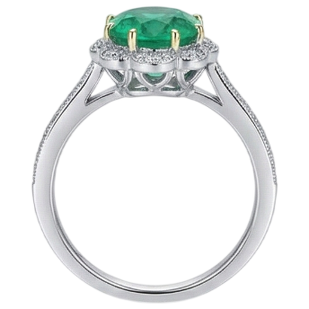 Natural Real ( Not Lab Grown ) Antique Look Green Emerald GIA Engagement Ring Flower Style