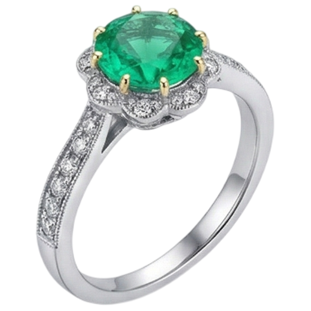 Natural Real ( Not Lab Grown ) Antique Look Green Emerald GIA Engagement Ring Flower Style
