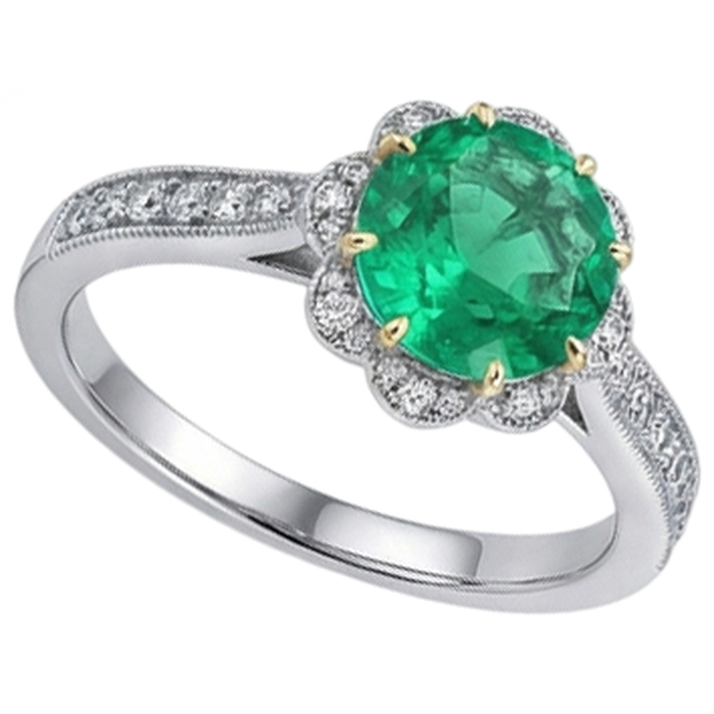 Natural Real ( Not Lab Grown ) Antique Look Green Emerald GIA Engagement Ring Flower Style