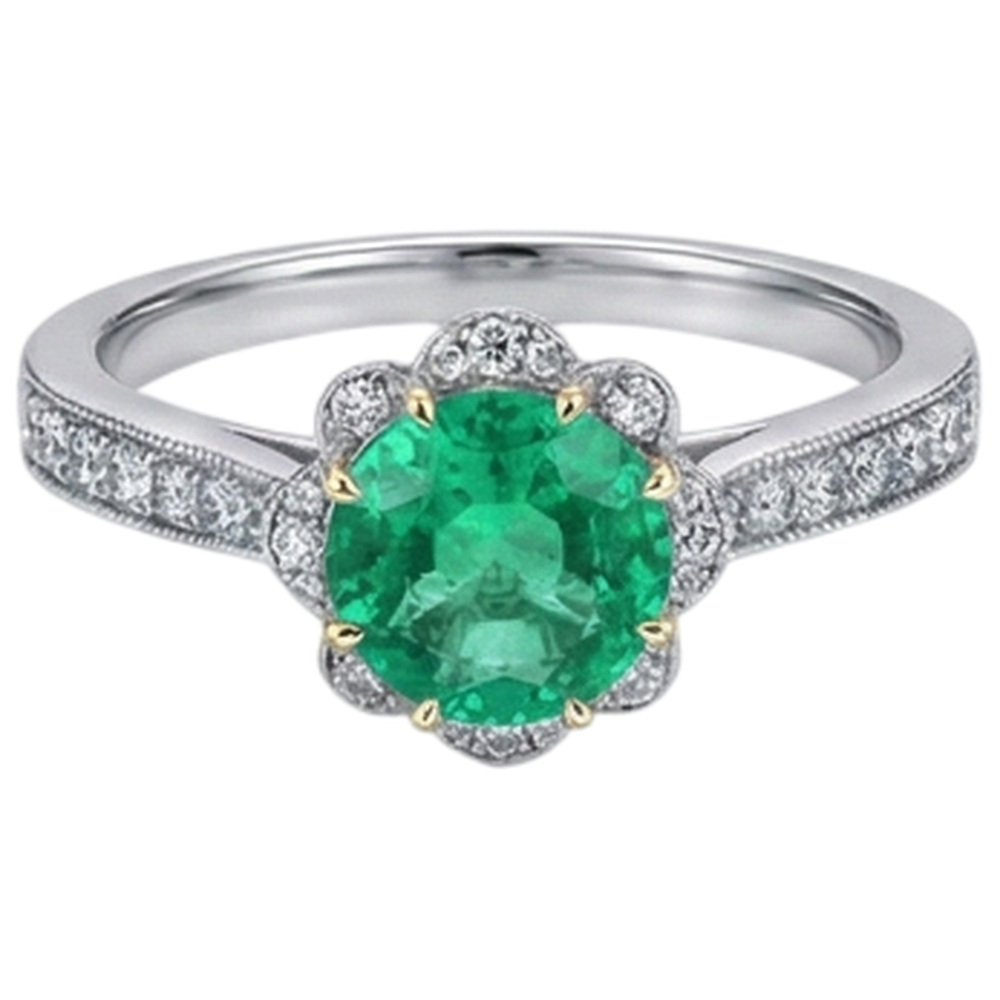 Natural Real ( Not Lab Grown ) Antique Look Green Emerald GIA Engagement Ring Flower Style