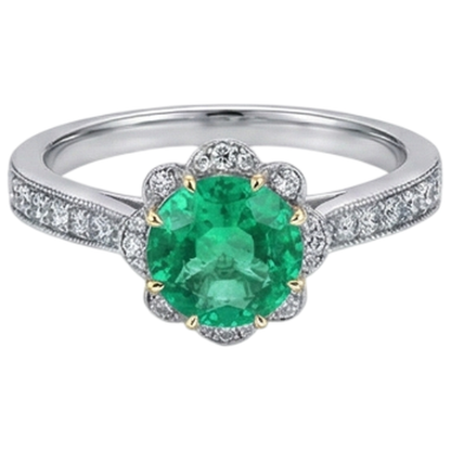 Natural Real ( Not Lab Grown ) Antique Look Green Emerald GIA Engagement Ring Flower Style