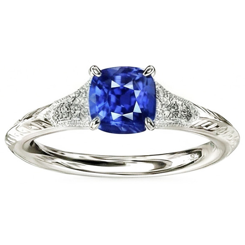 Natural Real ( Not Lab Grown )  Antique Style Gemstone Jewelry Cushion Blue Sapphire Ring 2 Carats