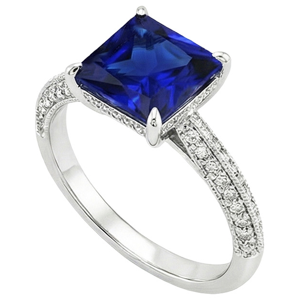 Antique Style Gold Natural Earth Mined Diamond & Princess Blue Sapphire Ring 4.50 Carats