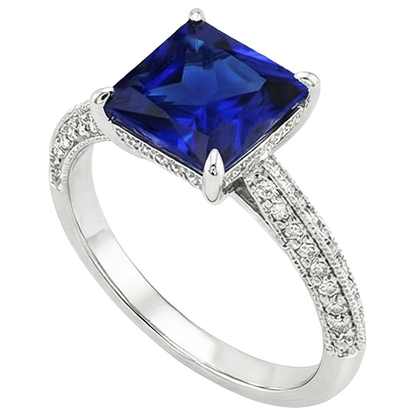 Antique Style Gold Natural Earth Mined Diamond & Princess Blue Sapphire Ring 4.50 Carats