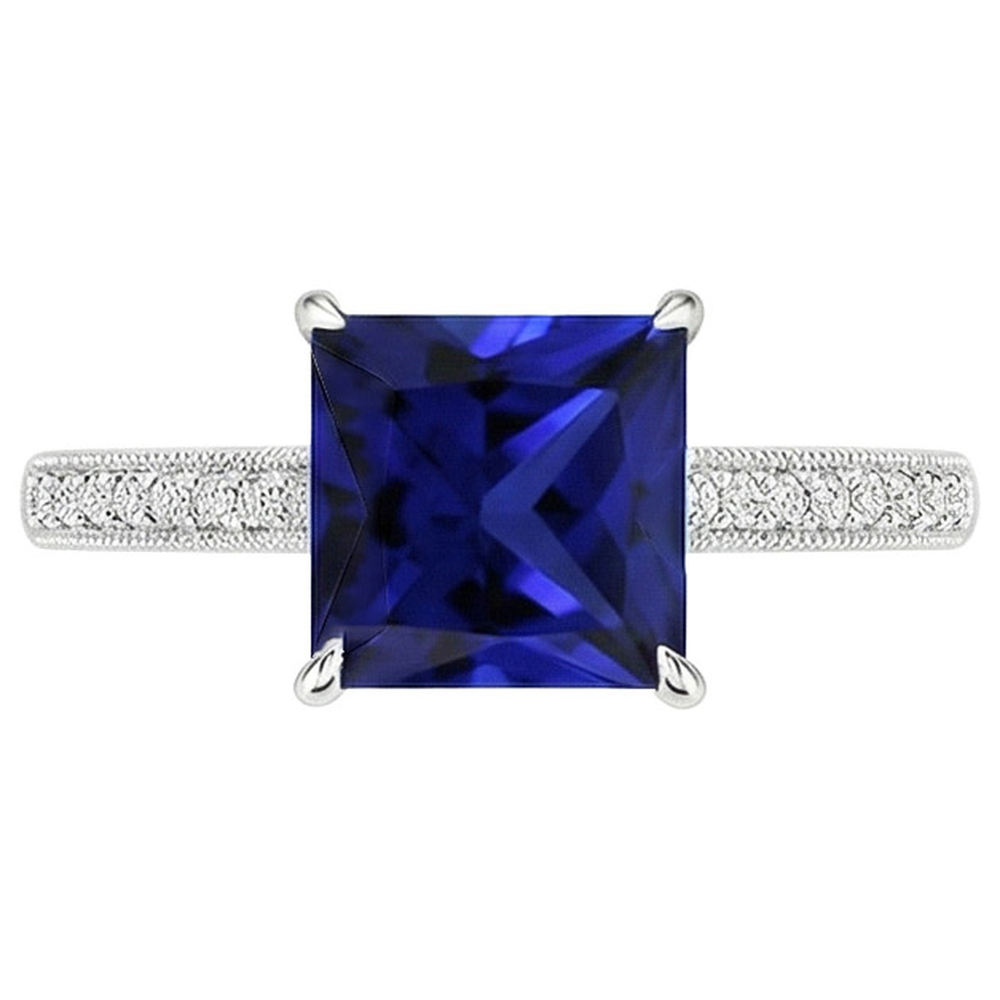 Antique Style Gold Natural Earth Mined Diamond & Princess Blue Sapphire Ring 4.50 Carats