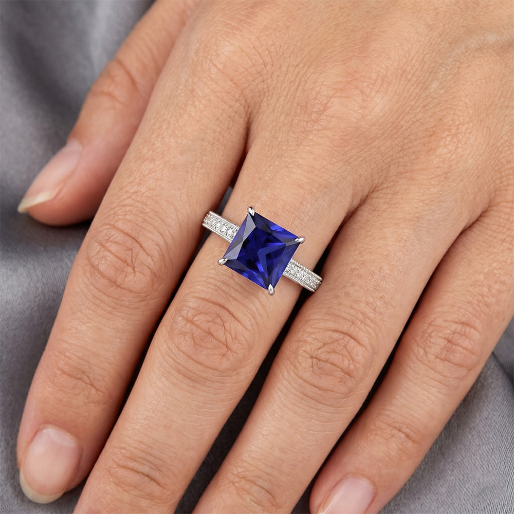 Antique Style Gold Natural Earth Mined Diamond & Princess Blue Sapphire Ring 4.50 Carats