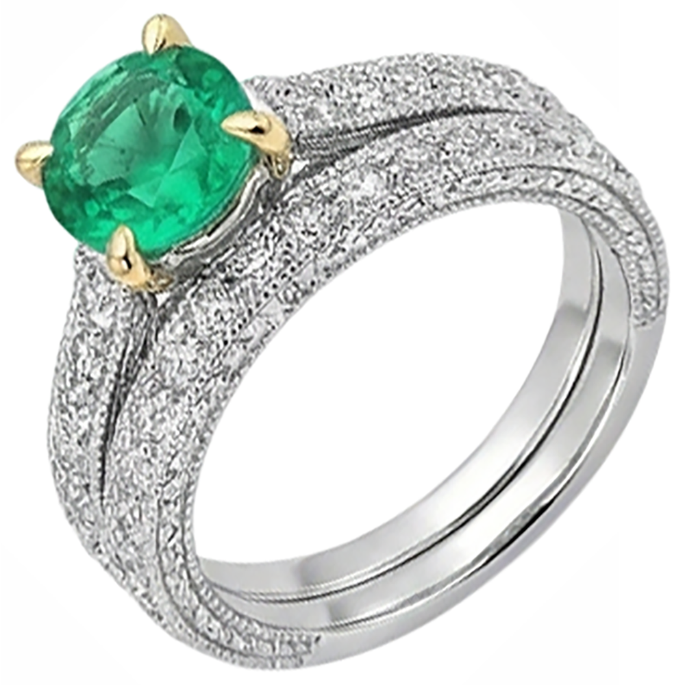 natural round emerald 2ct ring on white background