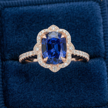 Antique Style Halo IGI CERTIFIED Diamond Ring Flower Style Blue Sapphire 6.20 Carats