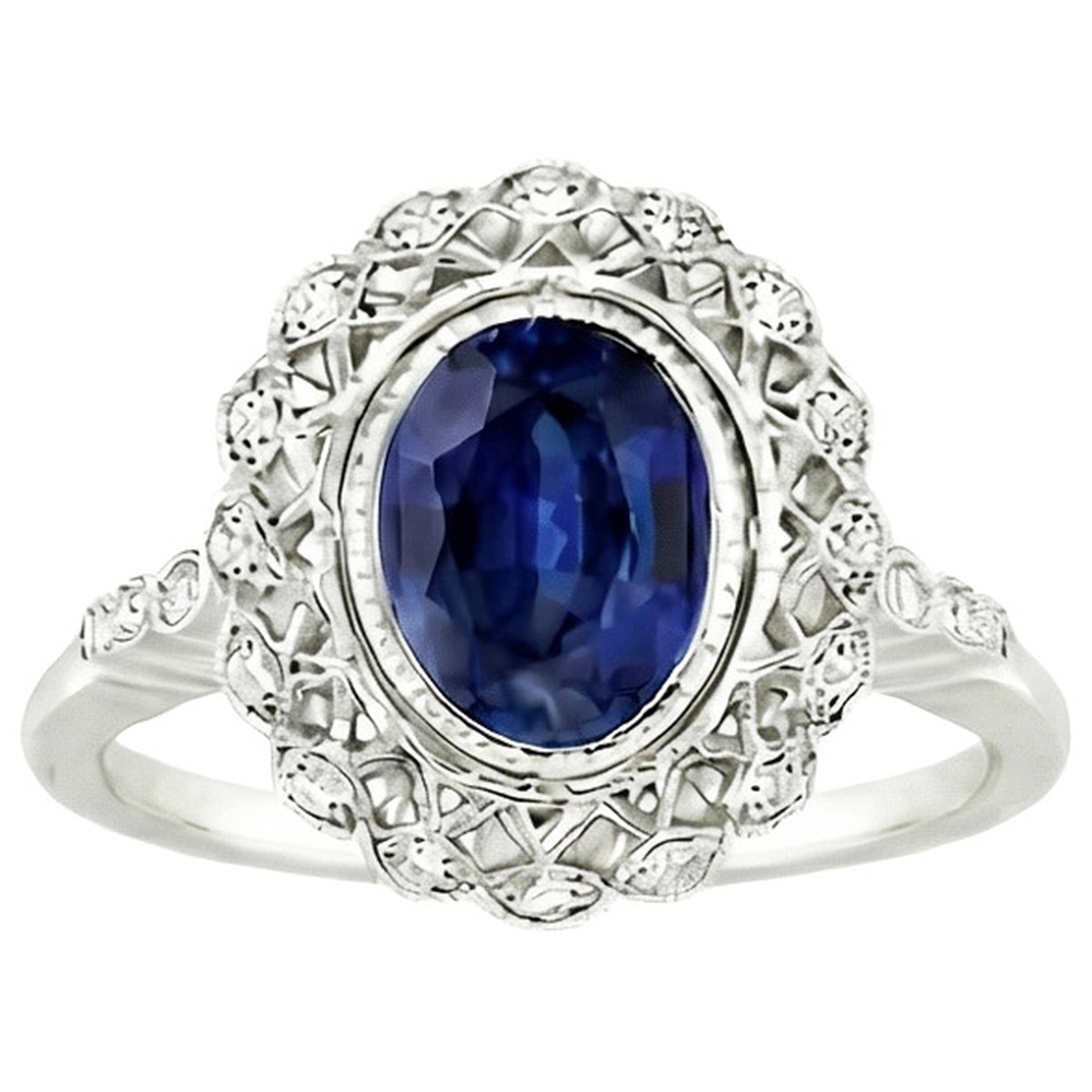 Antique Style Halo Ring Bezel Set Blue Sapphire With Natural Earth Mined Diamonds 4 Carats